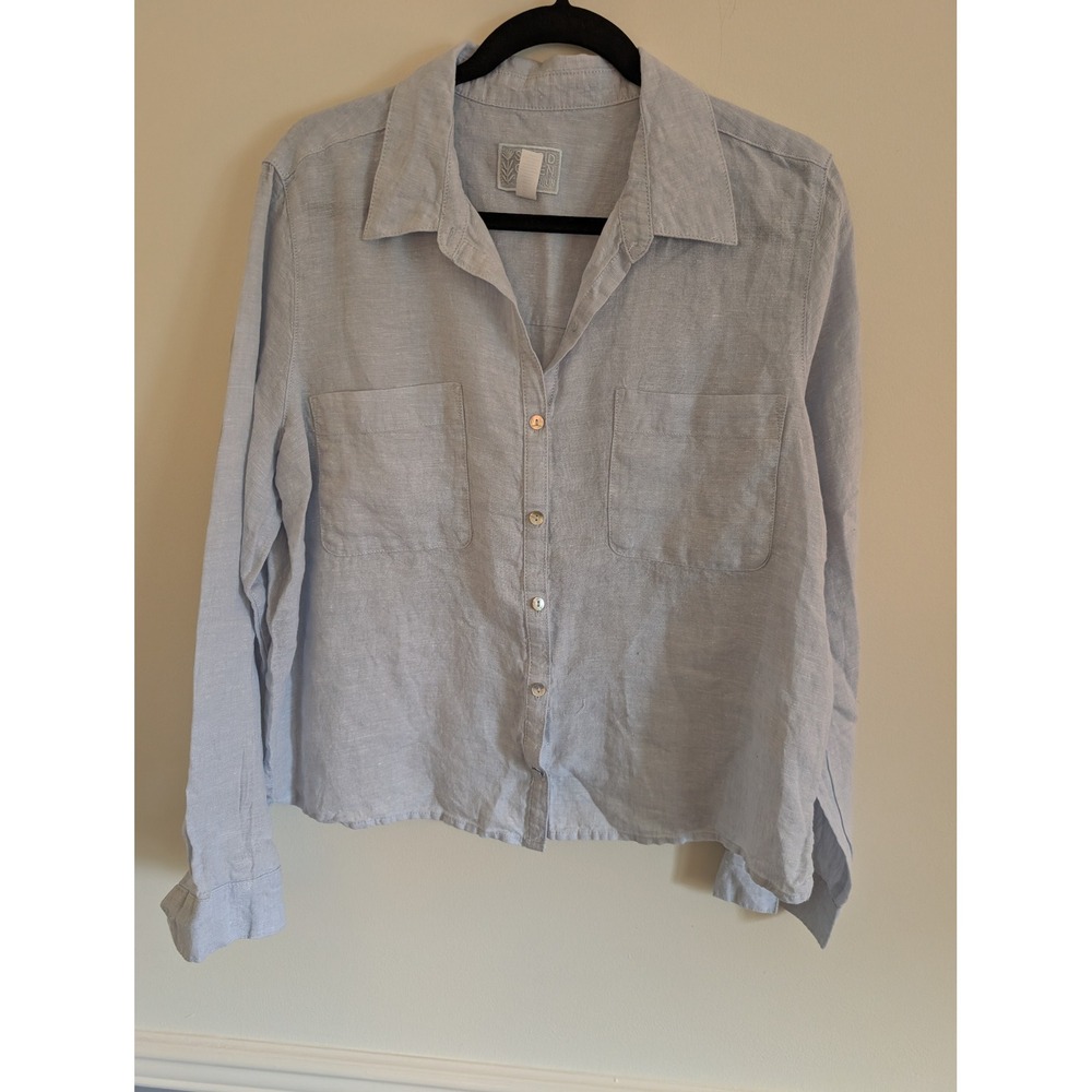 Sigrid Olsen Womens Blue 100% Linen cropped Button Down Shirt large coastal